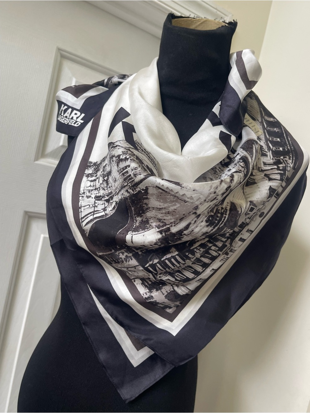 Karl Lagerfeld Black and White Graphic Silk Scarf